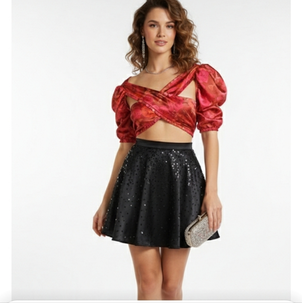 For Love & Lemon Red Asymmetrical Puff Sleeve Blouse Top with Tie Back Sz S